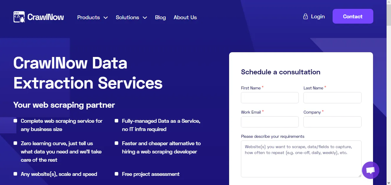 CrawlNow data extraction services landing page with a schedule a consultation form