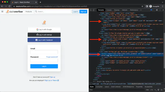 Stack Overflow login form next to Chrome DevTools highlighting HTML elements for form fields