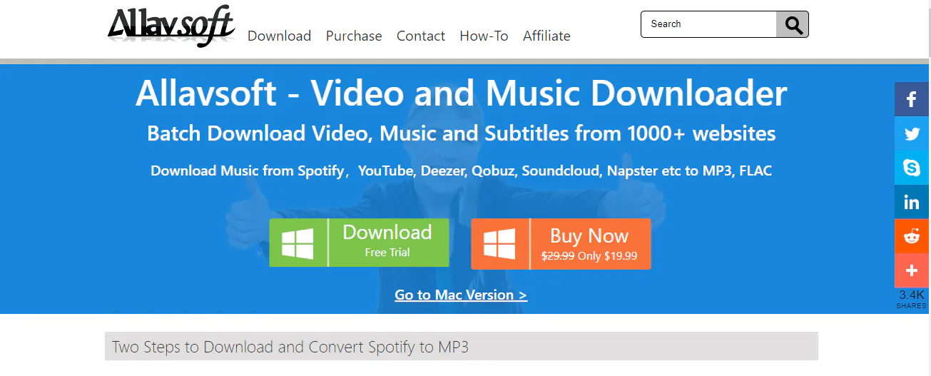 Allavsoft website promoting a video and music downloader with download and buy buttons