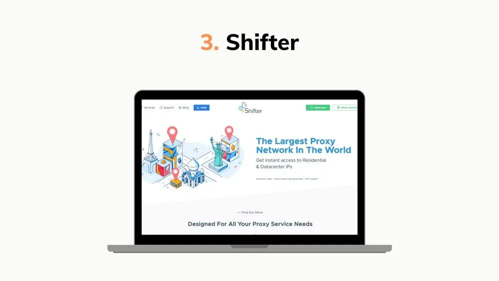 Graphic showing a laptop mockup with the Shifter proxy network landing page