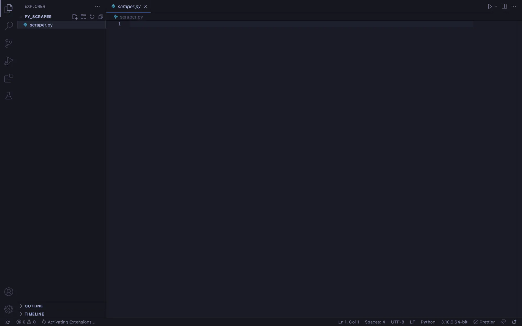 Dark code editor window open to a blank Python file named scraper.py