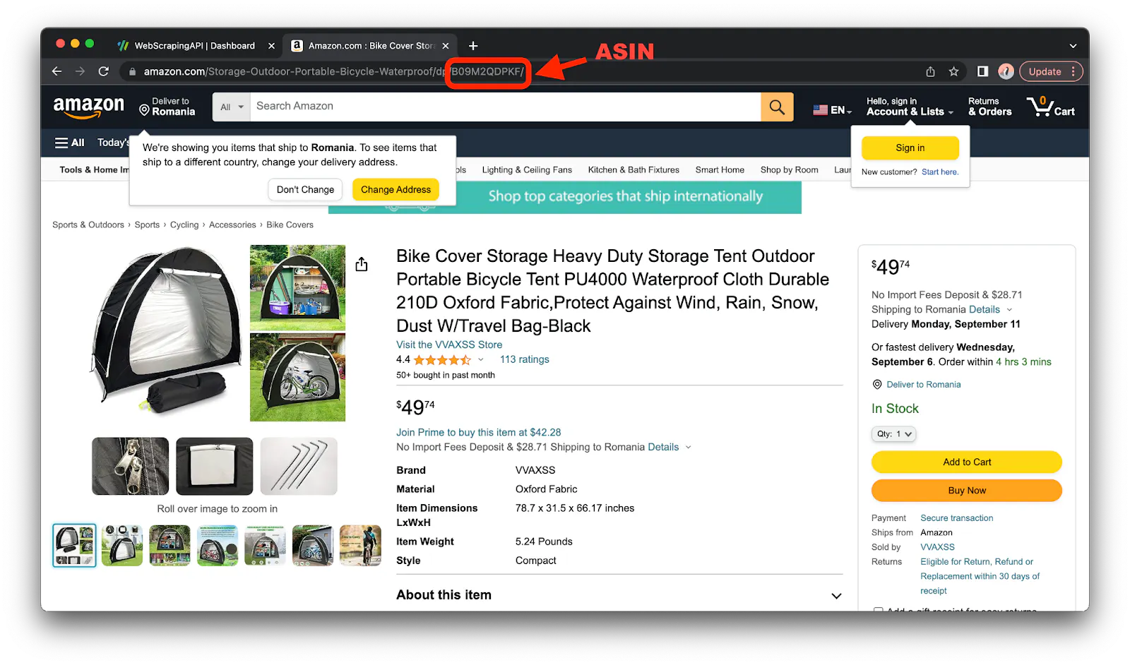 Amazon product page screenshot with the ASIN highlighted near the search bar