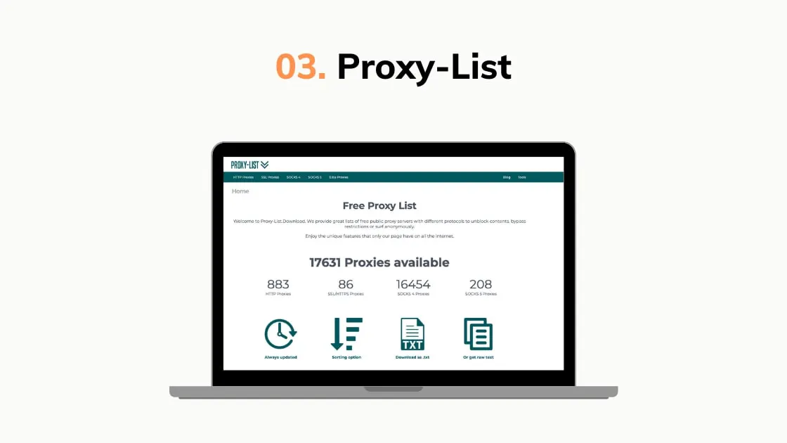 Proxy-List website screenshot on a laptop showing free proxy counts and download options