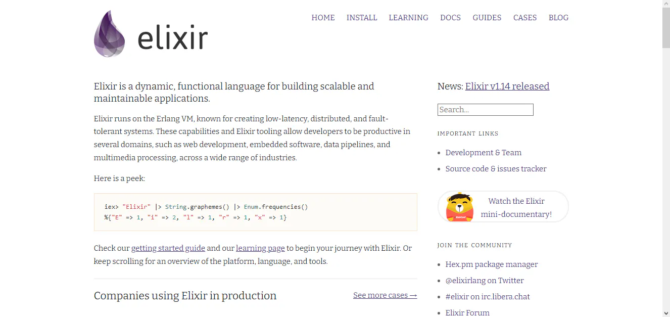 Elixir programming language website homepage with introduction text and navigation links
