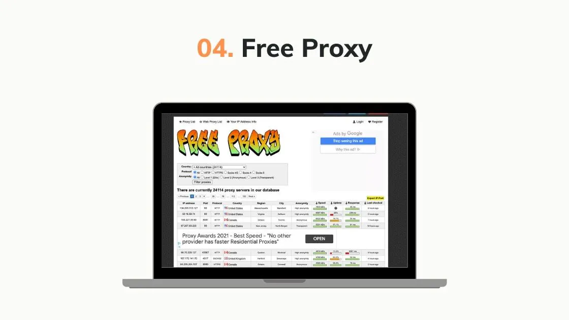 Free Proxy website screenshot on a laptop showing a proxy list table with filters