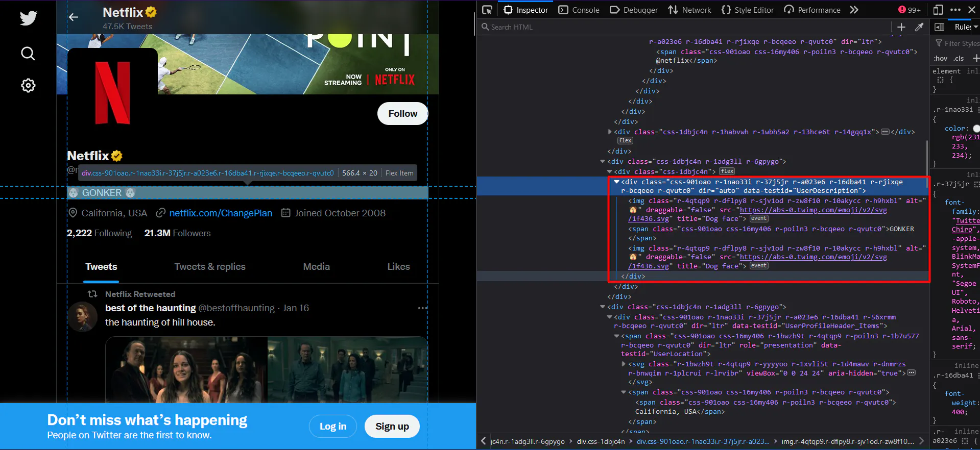 Twitter profile page with browser devtools highlighting the HTML for the bio section