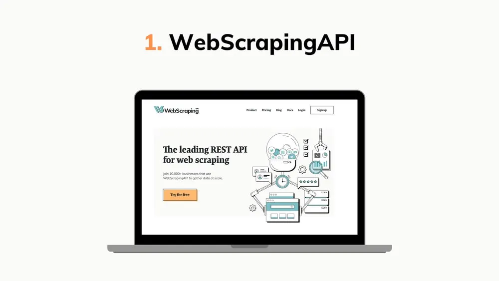 Graphic showing a laptop mockup with the WebScrapingAPI landing page, used in a proxy service comparison