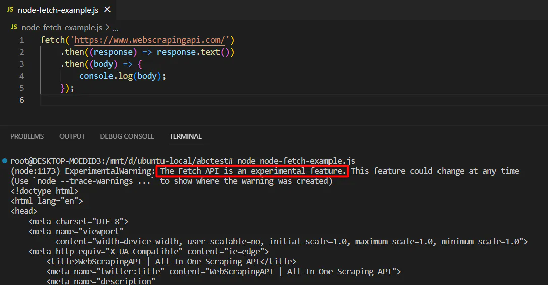 VS Code showing a fetch request example with terminal output warning that the Fetch API is experimental