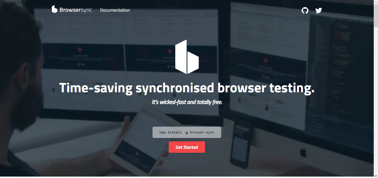 BrowserSync homepage screenshot promoting synchronized browser testing with a Get Started button