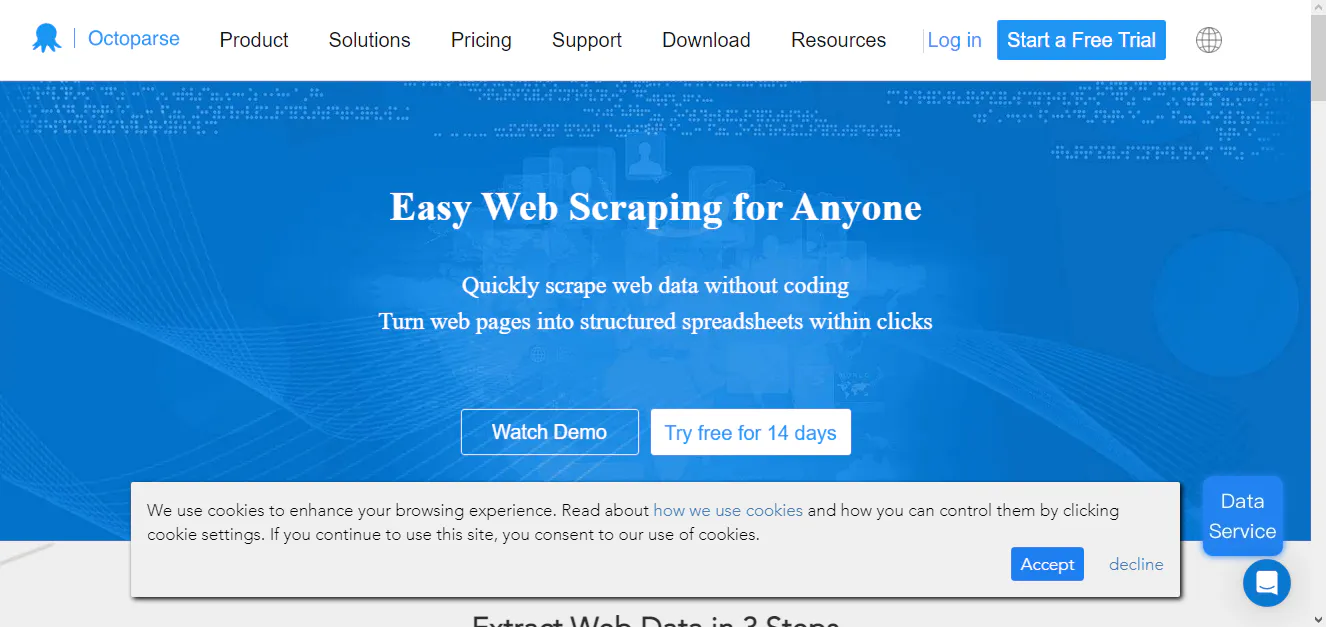 Octoparse landing page screenshot promoting no-code web scraping with a cookie consent banner