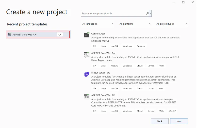 C# Corner page listing ASP.NET Core Web API project articles and examples
