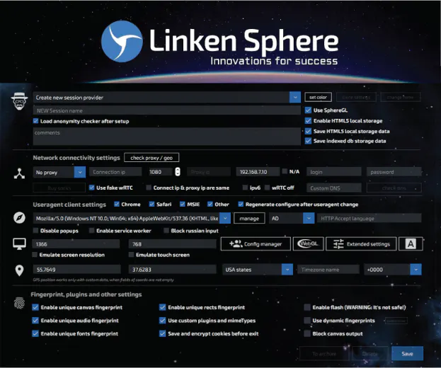 Linken Sphere anti-detect browser settings screen showing proxy, user agent, and fingerprint configuration options