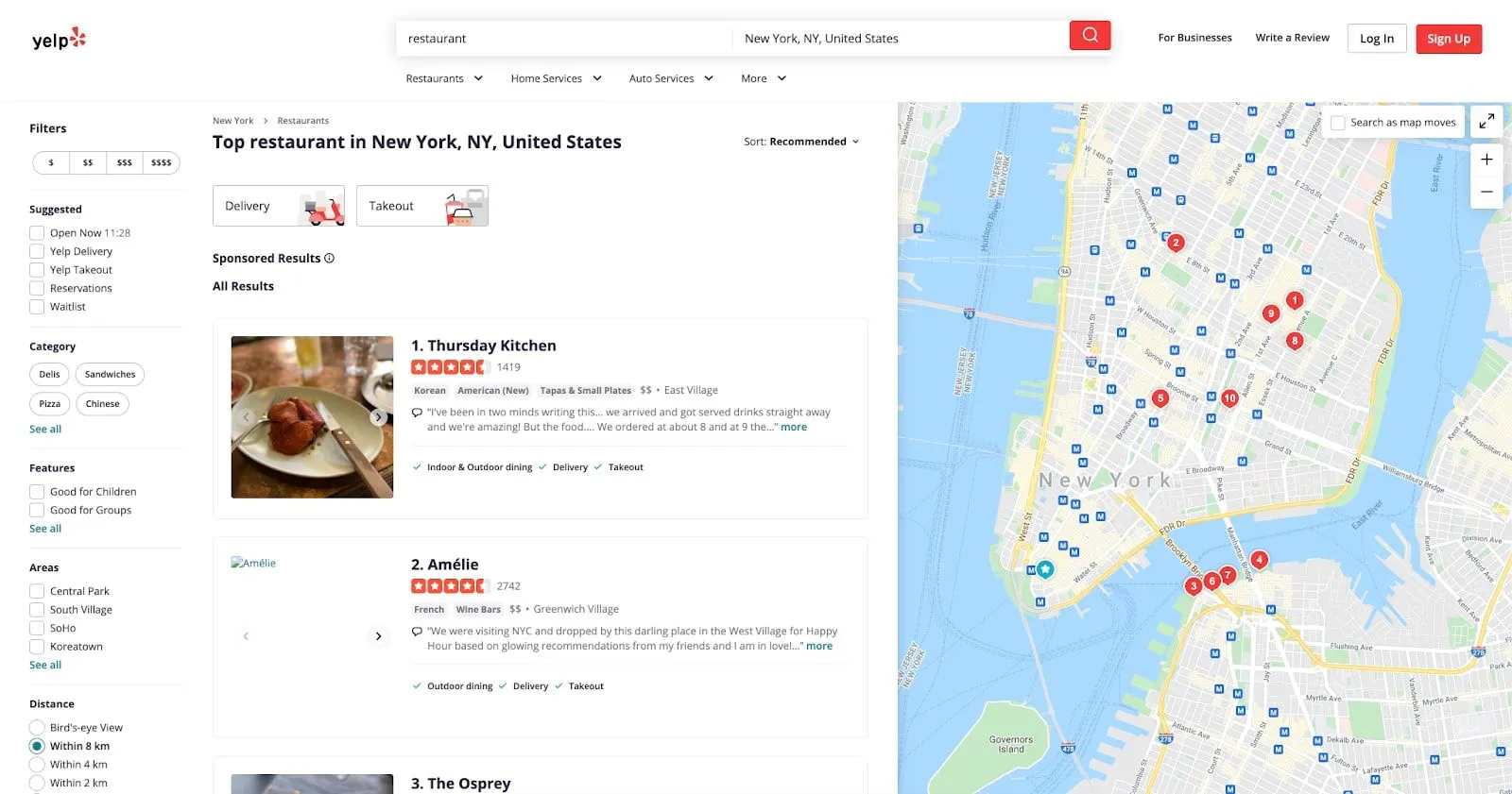 Yelp search results page showing restaurant listings and an interactive map of New York City