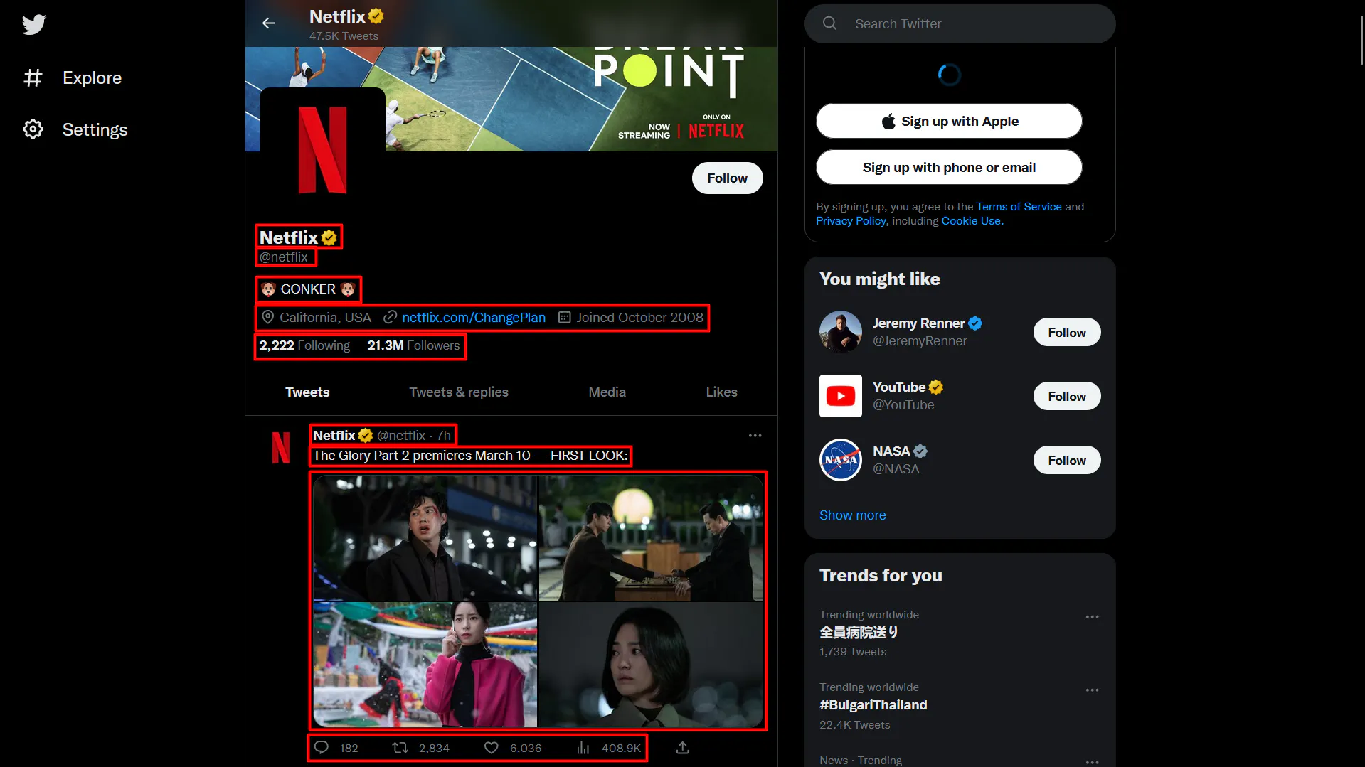 Twitter profile page with highlighted fields like account name, follower count, and a tweet with media preview