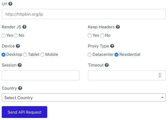 API request builder form with URL field and options like device type, proxy type, and Render JS