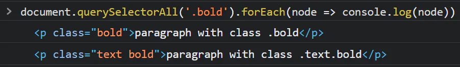 JavaScript console example selecting elements with class .bold and logging two paragraph nodes