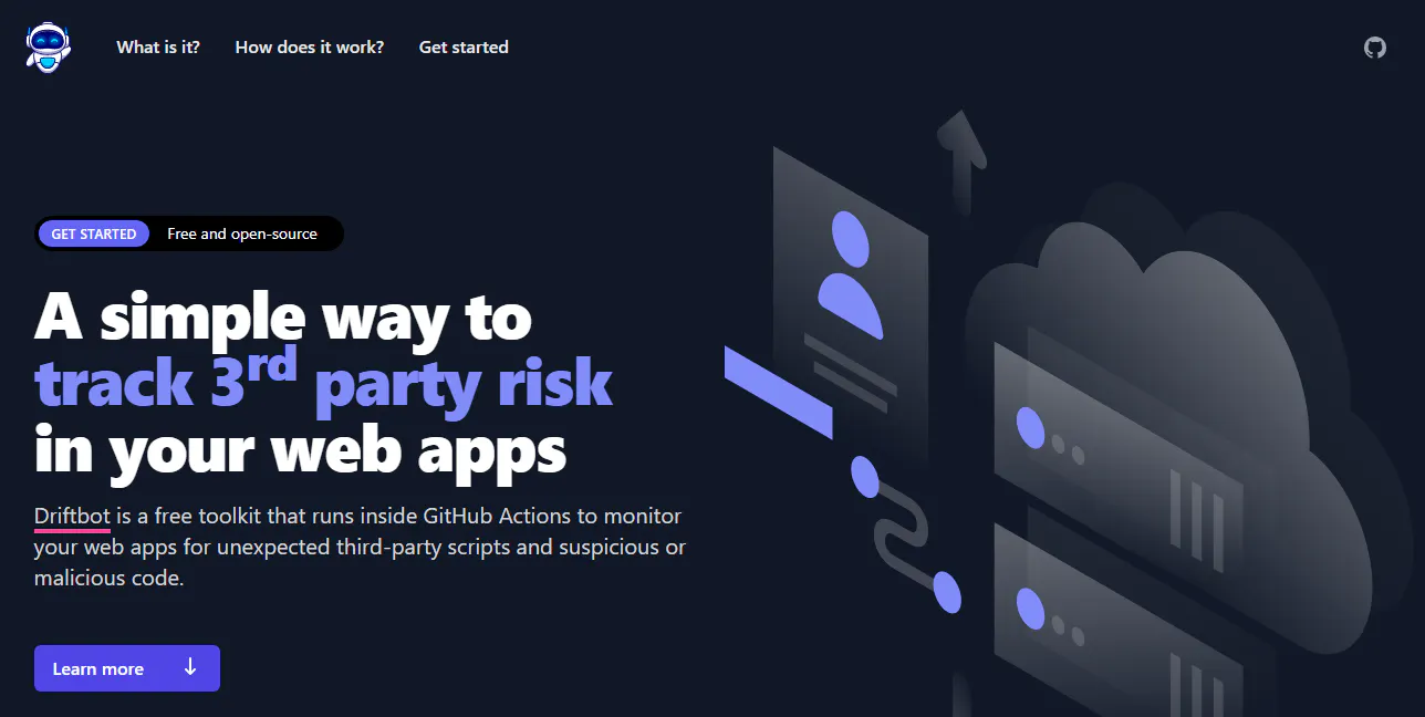 Driftbot homepage hero describing a GitHub Actions tool for monitoring third-party scripts and security risk