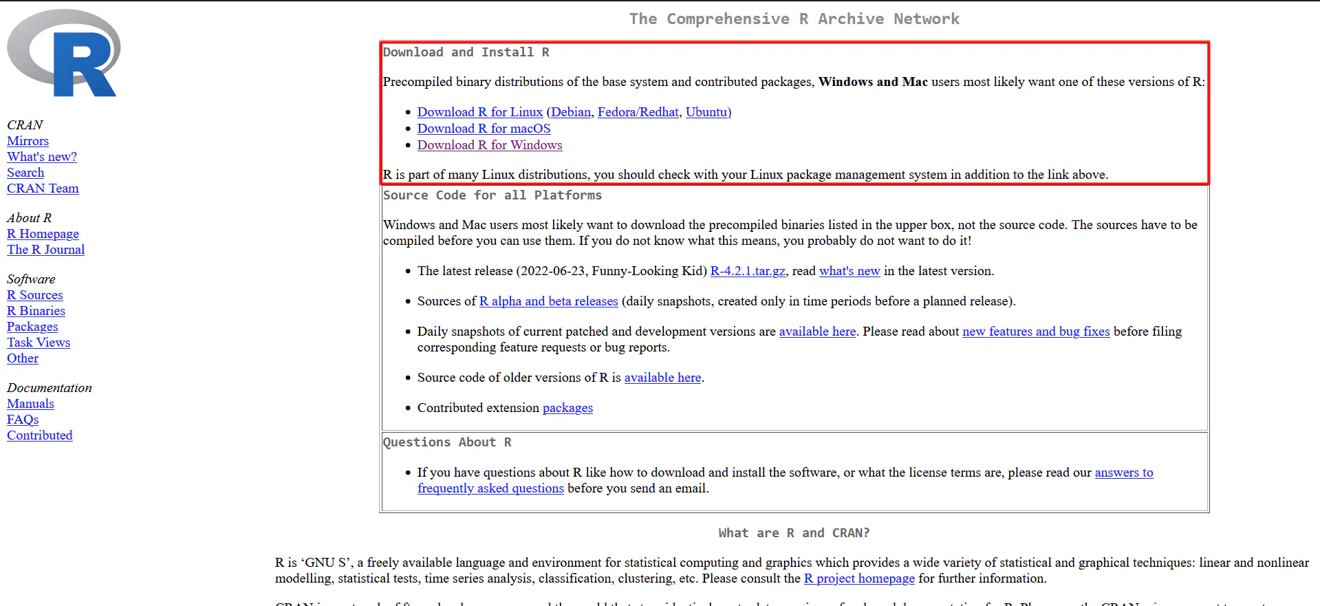 CRAN page showing download links to install R for Linux, macOS, and Windows