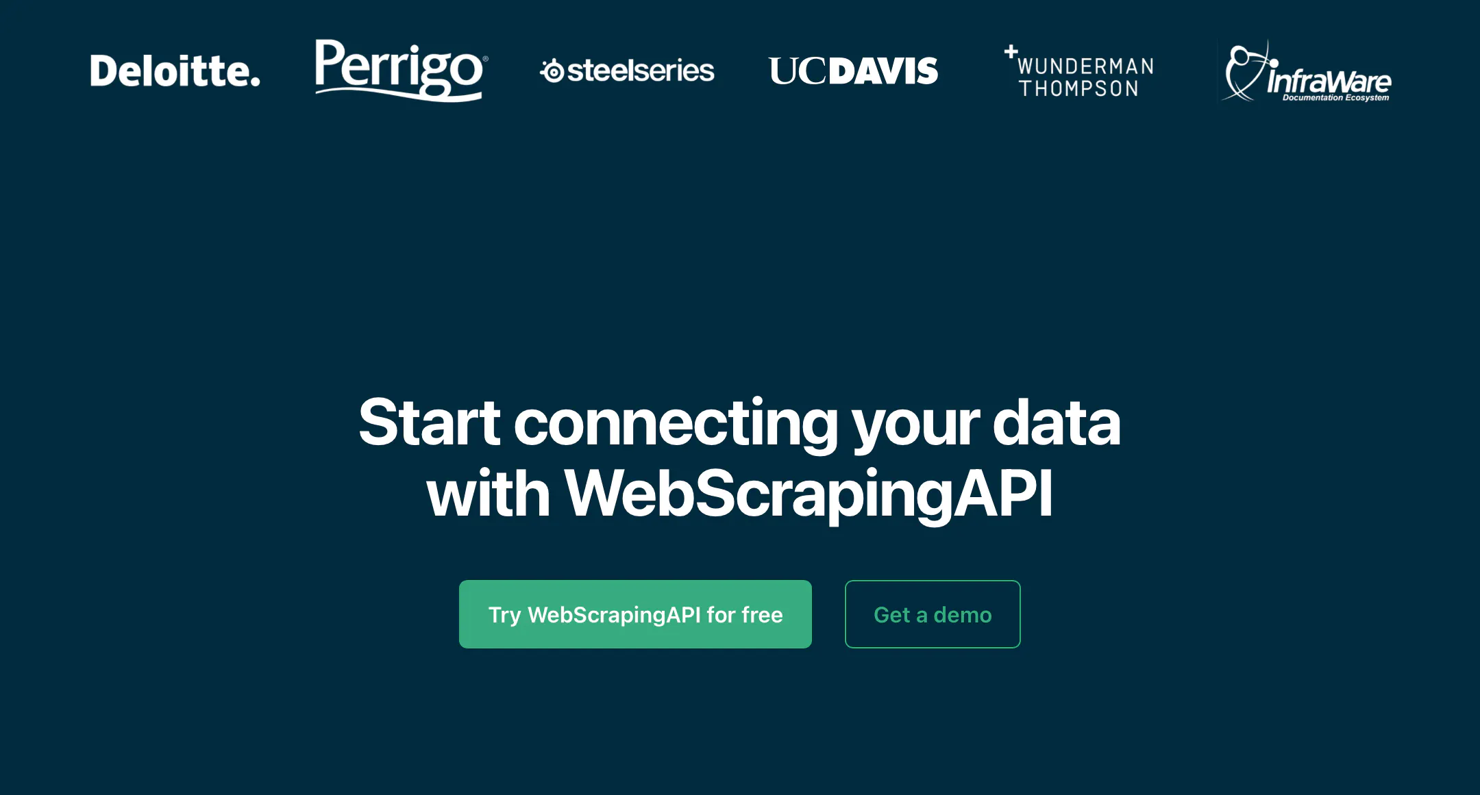 WebScrapingAPI call-to-action section with buttons to try for free or get a demo, shown beneath customer logos