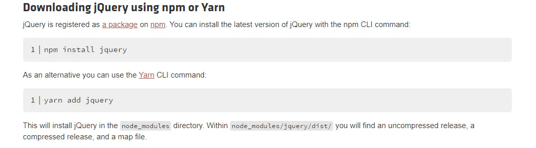 jQuery documentation snippet showing npm and Yarn install commands for adding jQuery