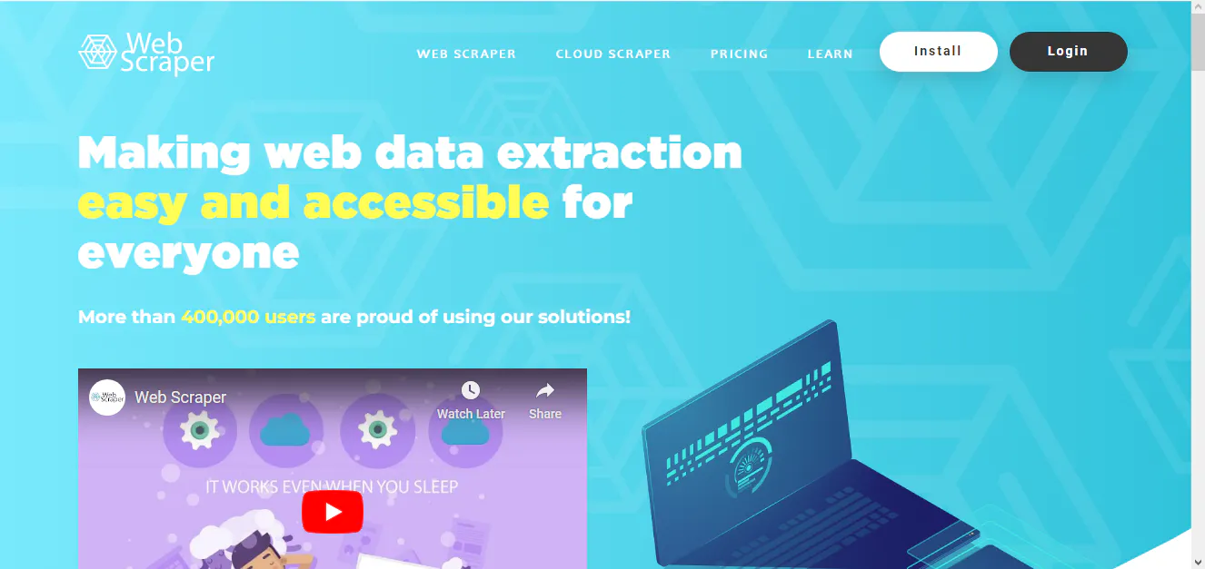 Web Scraper landing page screenshot with headline about making web data extraction easy and accessible