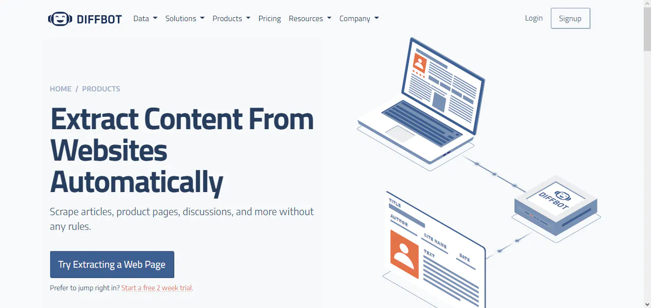 Diffbot product page about extracting content from websites automatically, with an illustration of a laptop and data cards