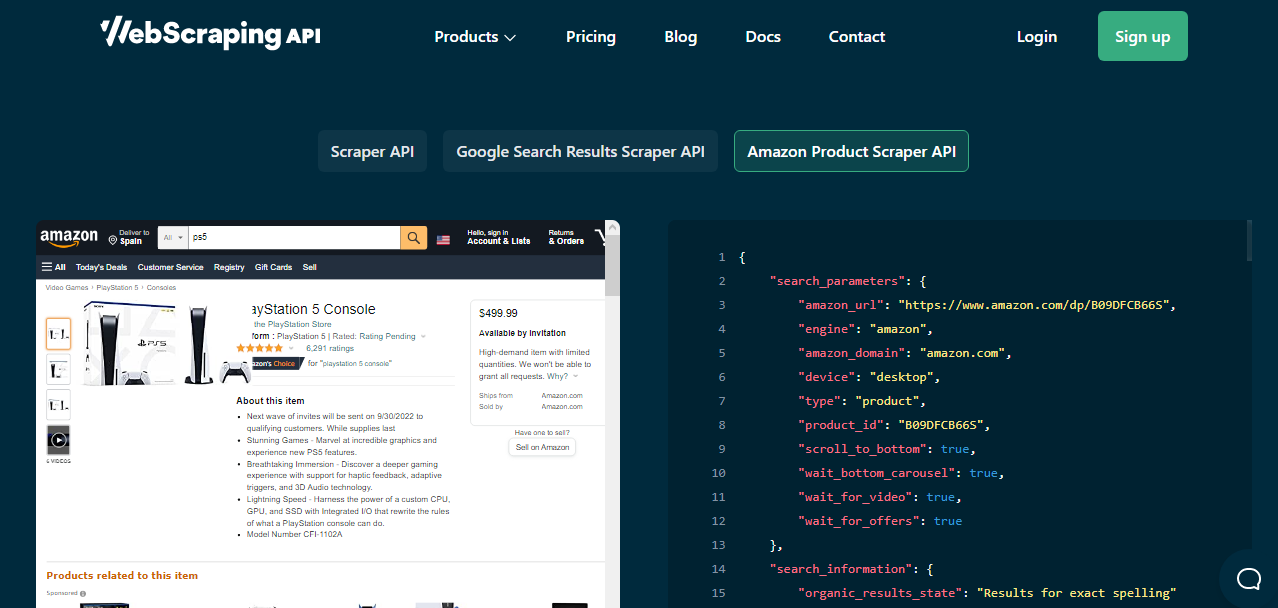 WebScrapingAPI Amazon Product Scraper API example showing an Amazon product page next to a JSON response