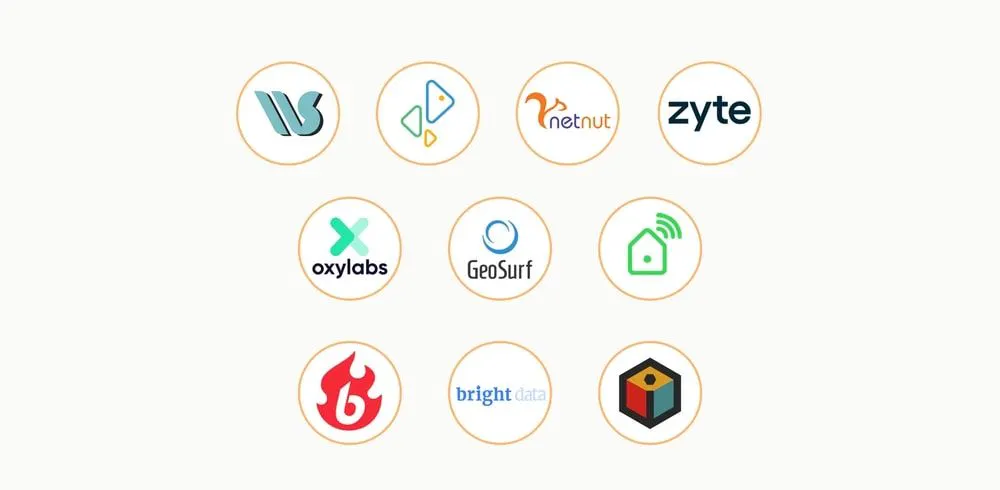 Grid of residential proxy provider logos including Zyte, Oxylabs, GeoSurf, and Bright Data
