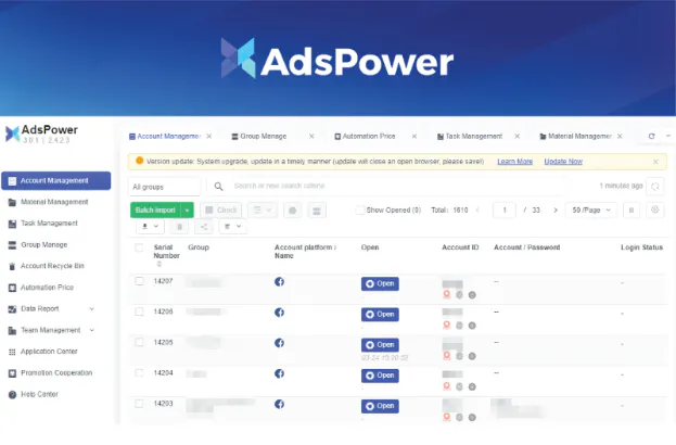 AdsPower anti-detect browser dashboard showing account management and a list of browser profiles