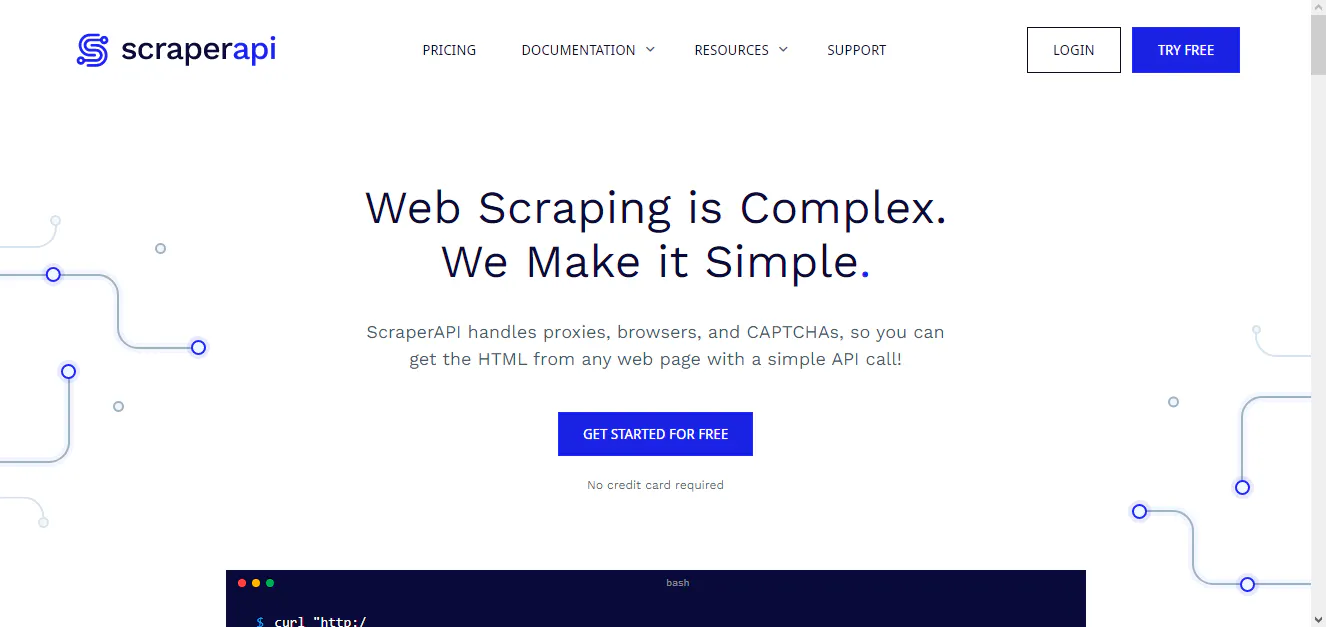 ScraperAPI landing page screenshot with a curl example showing a scraping API request