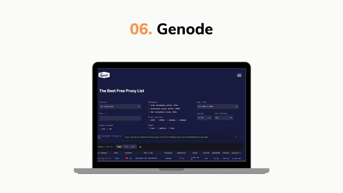 Geonode free proxy list page shown on a laptop with country and anonymity filters