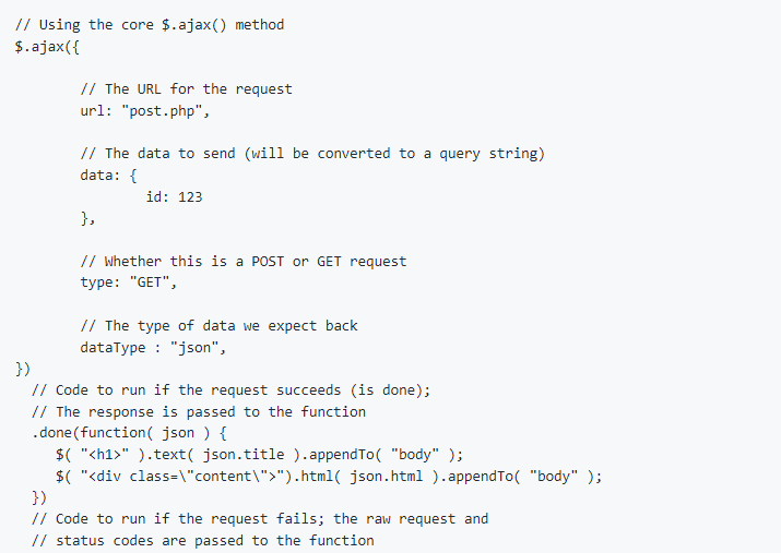 Code example demonstrating a jQuery $.ajax() request configuration and JSON response handling