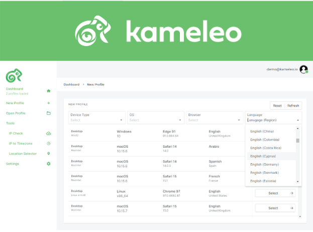 Kameleo anti-detect browser interface for creating a new profile with device, OS, browser, and language options