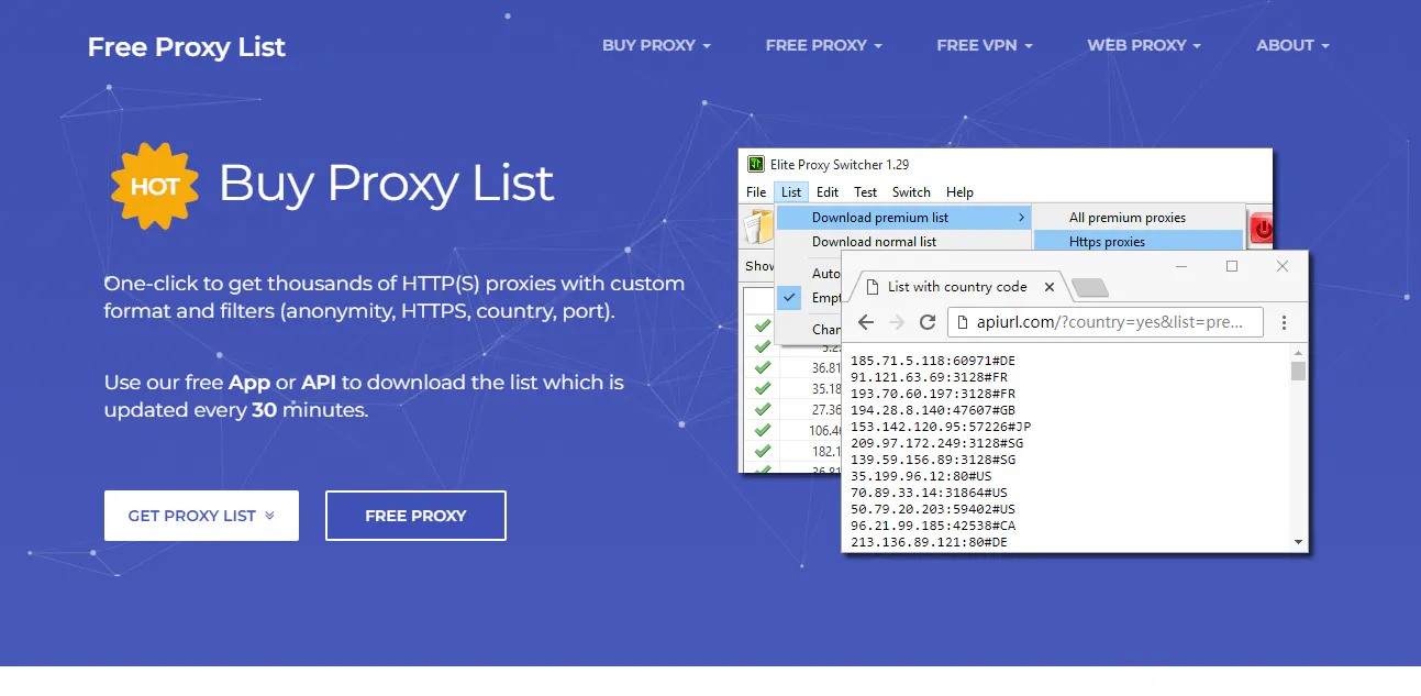 Free Proxy List website screenshot advertising a proxy list download, with an example proxy table and app window