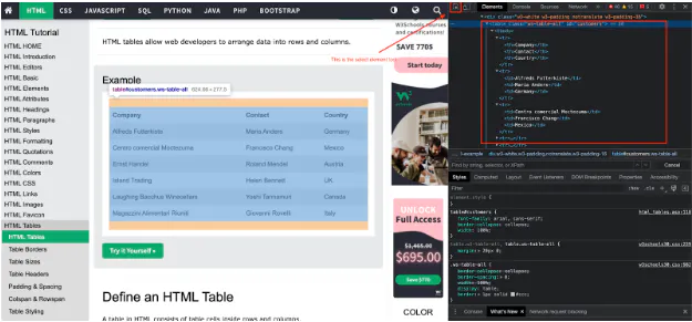 HTML tables tutorial page with an example table, alongside browser devtools highlighting the table markup