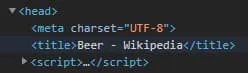 HTML head snippet showing the Wikipedia page title for Beer and a script include