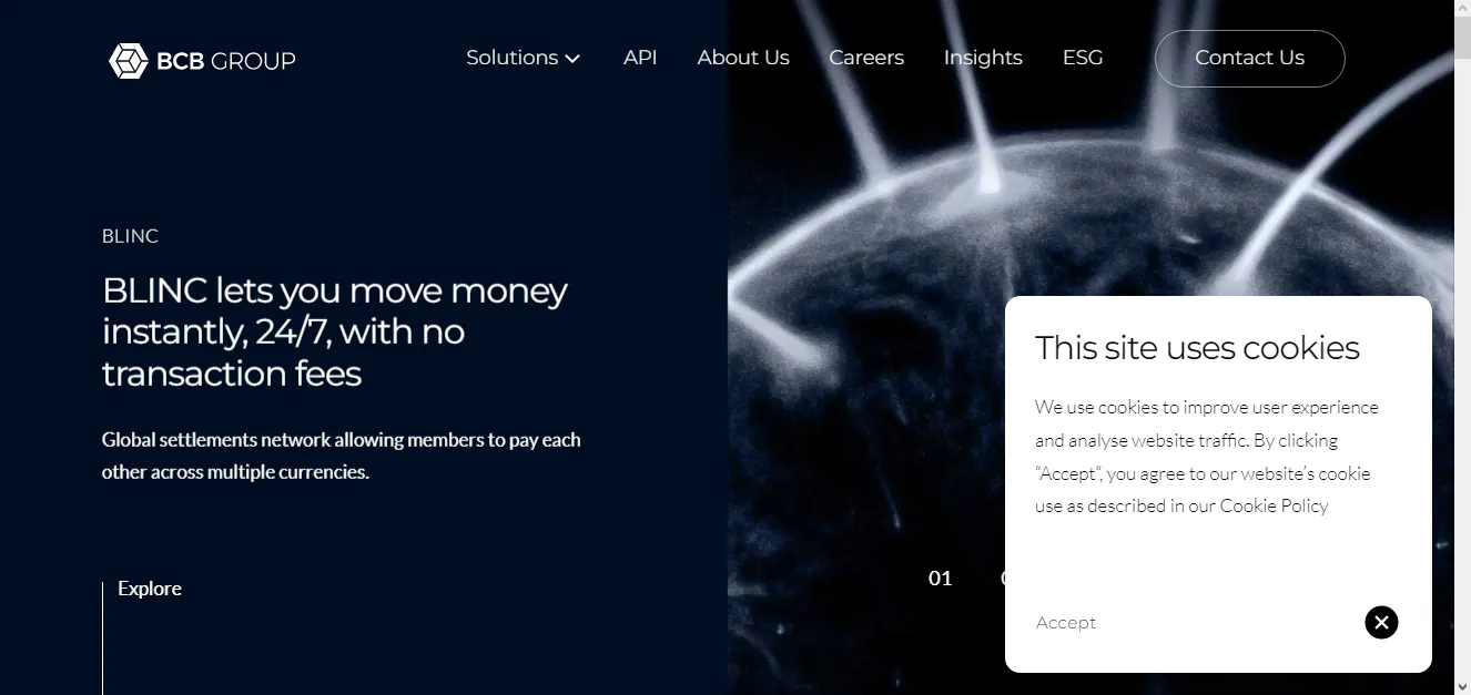 BCB Group BLINC product page describing instant money transfers and a settlement network