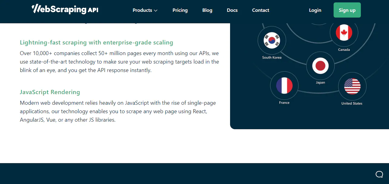WebScrapingAPI page screenshot describing JavaScript rendering and enterprise-scale scraping, with country flags graphic