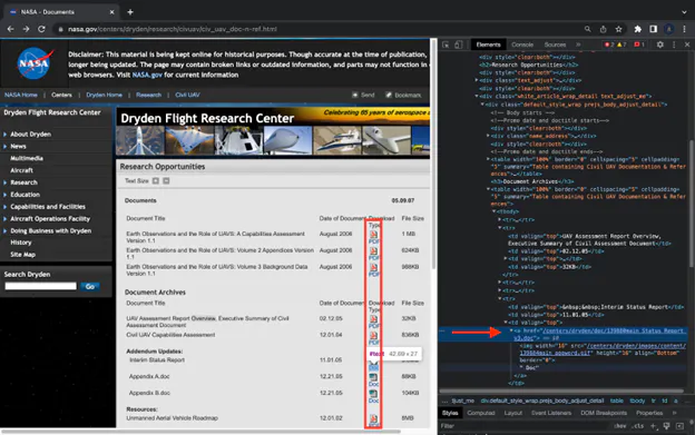 NASA documents listing page with browser devtools highlighting a download link element