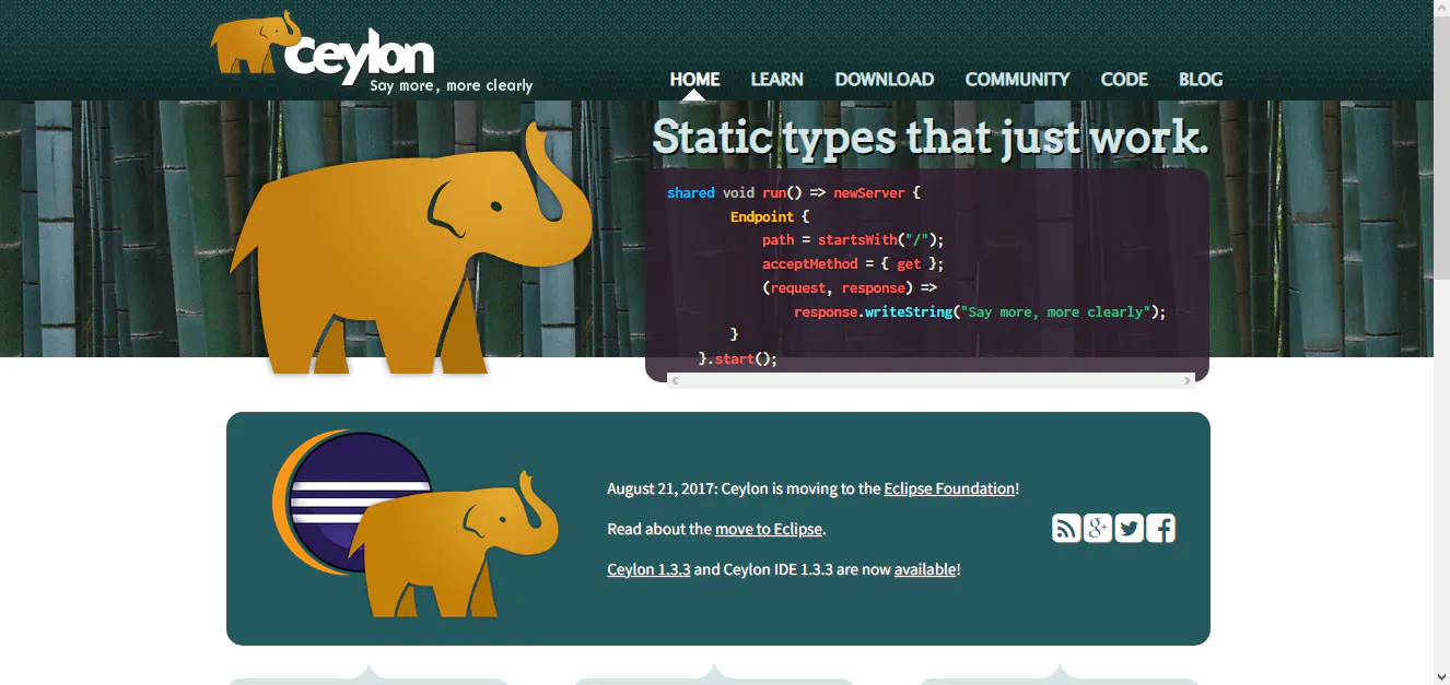 Ceylon programming language website banner with elephant logo and a code sample