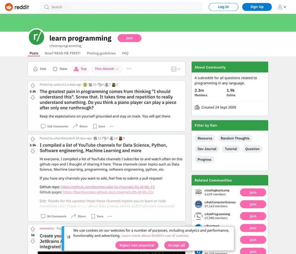 Reddit r/learnprogramming page with a cookie consent banner at the bottom of the screen