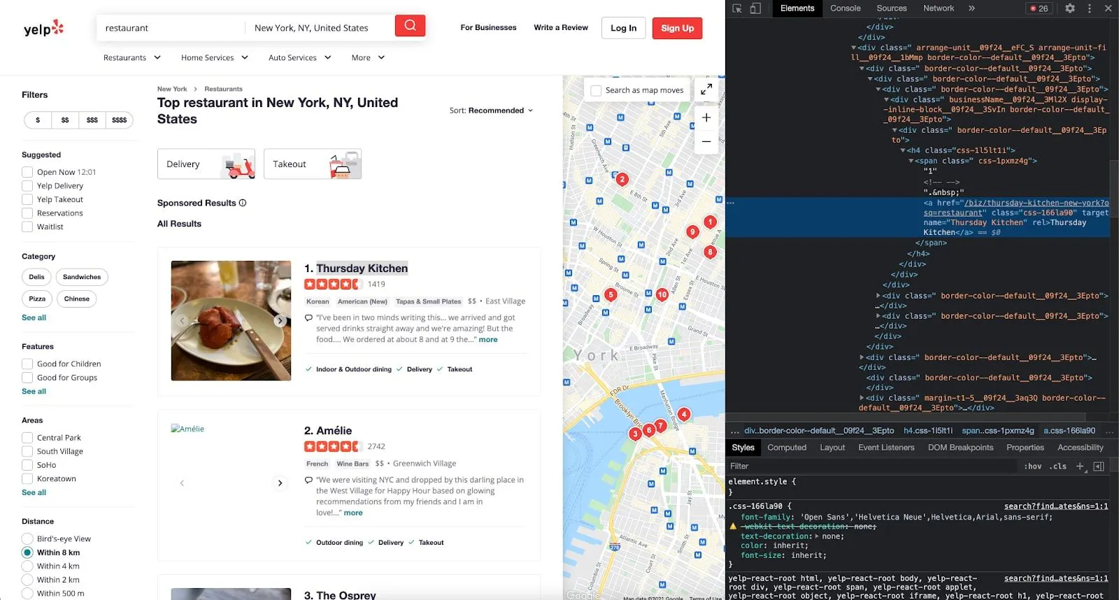Yelp search results page with Chrome DevTools highlighting the HTML element for a restaurant listing link