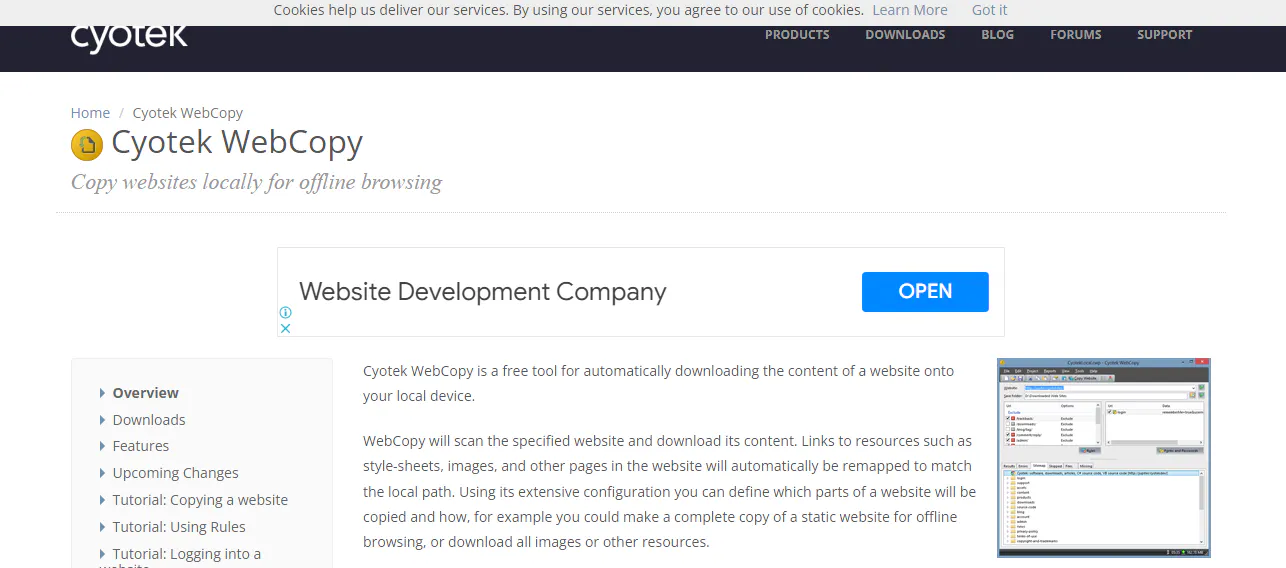 Cyotek WebCopy product page describing a tool for copying websites locally for offline browsing