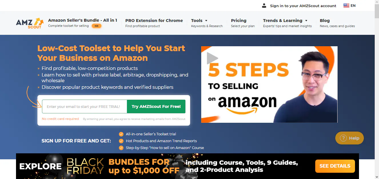 AMZScout landing page promoting Amazon seller tools with a video thumbnail and trial signup form