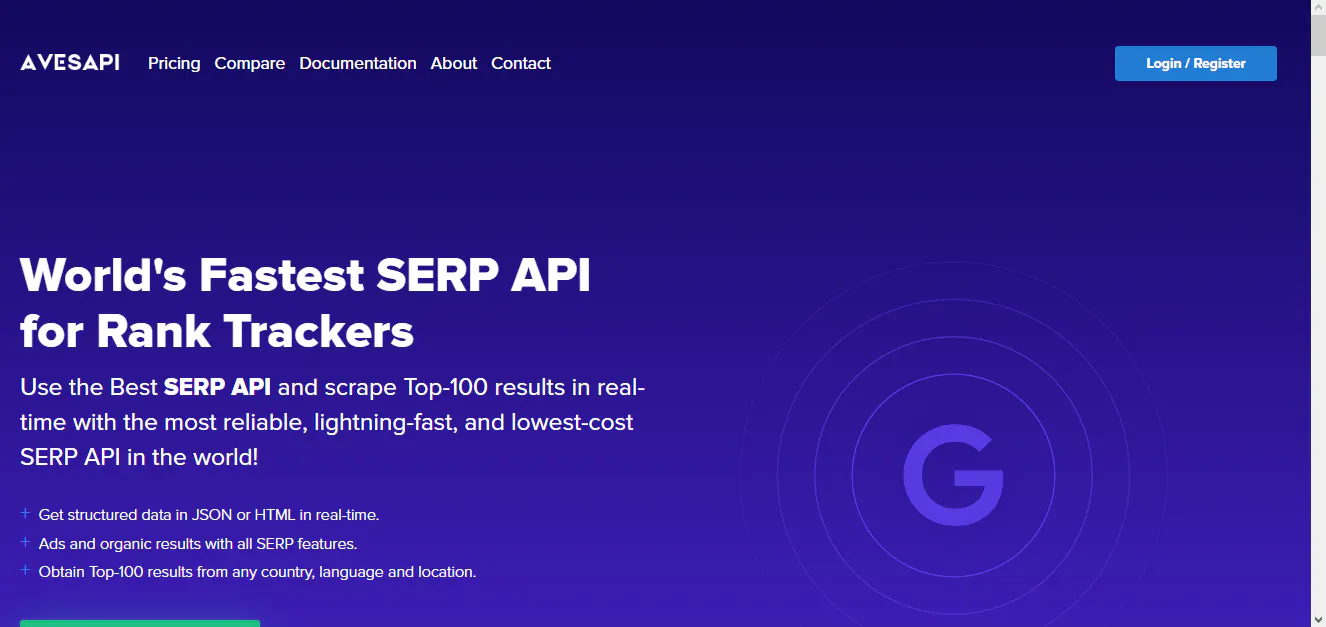 AvesAPI landing page promoting a SERP API for rank tracking, with a Google icon graphic