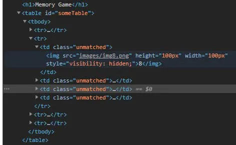 HTML snippet for a memory game table showing matched and unmatched cells with an image tag