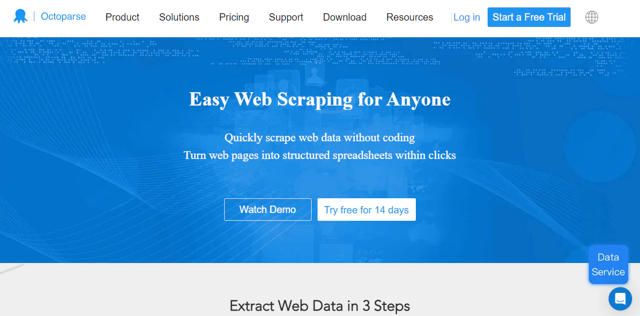 Octoparse landing page screenshot promoting web scraping without coding