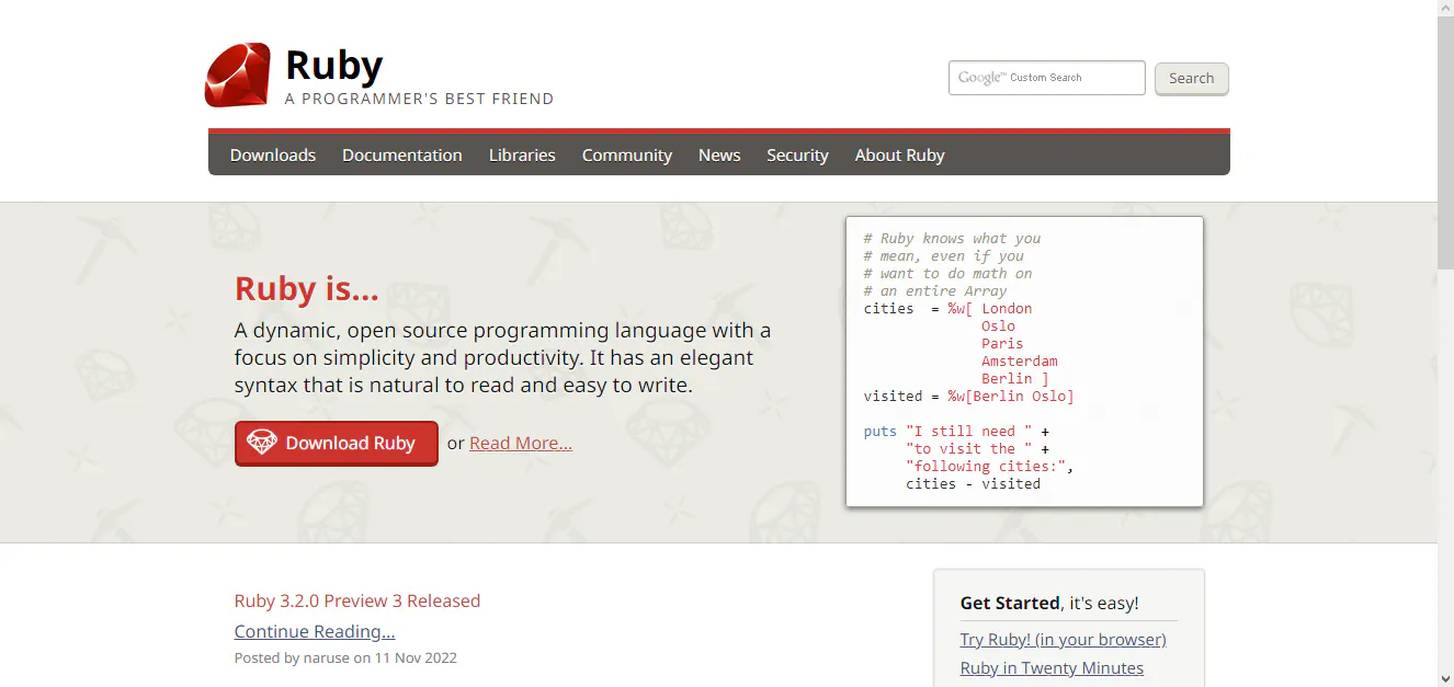 Ruby programming language homepage describing Ruby with a download button and a code snippet