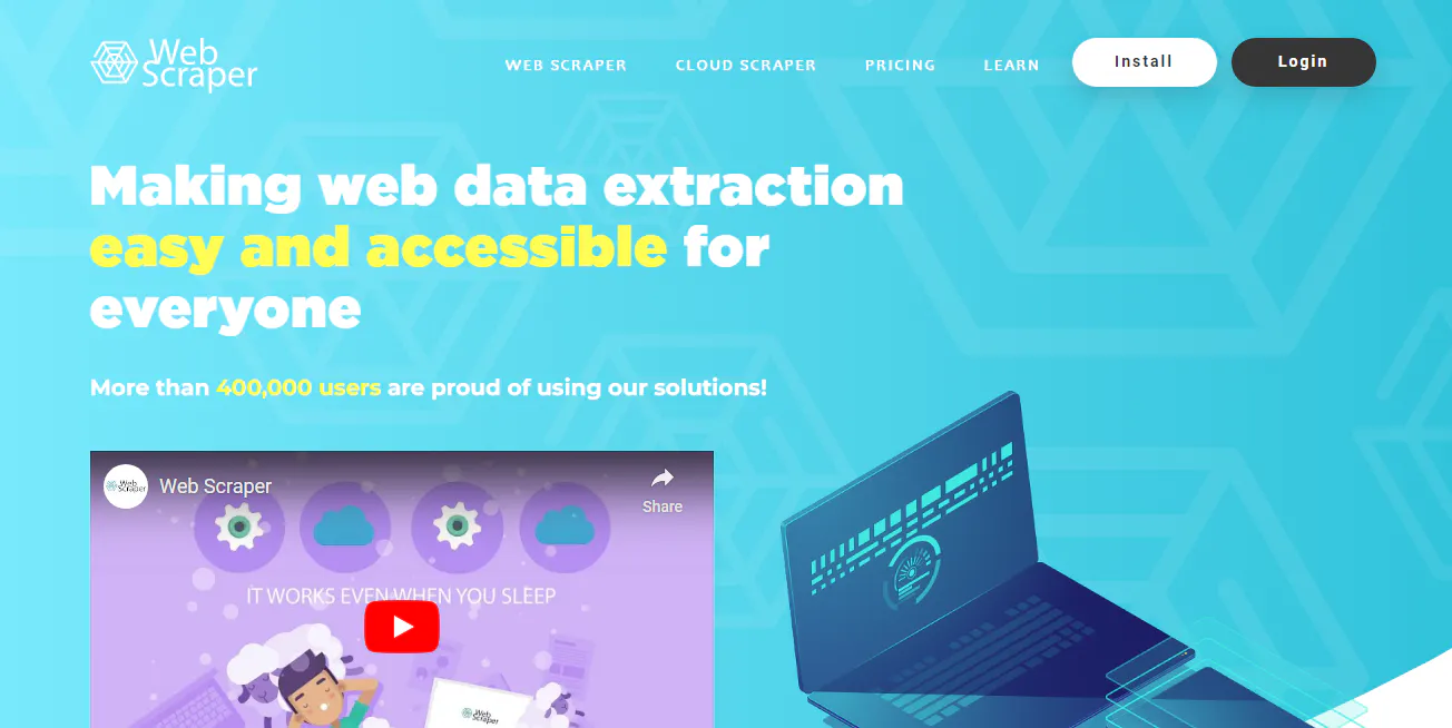 Web Scraper landing page screenshot with a headline about making web data extraction easy and accessible