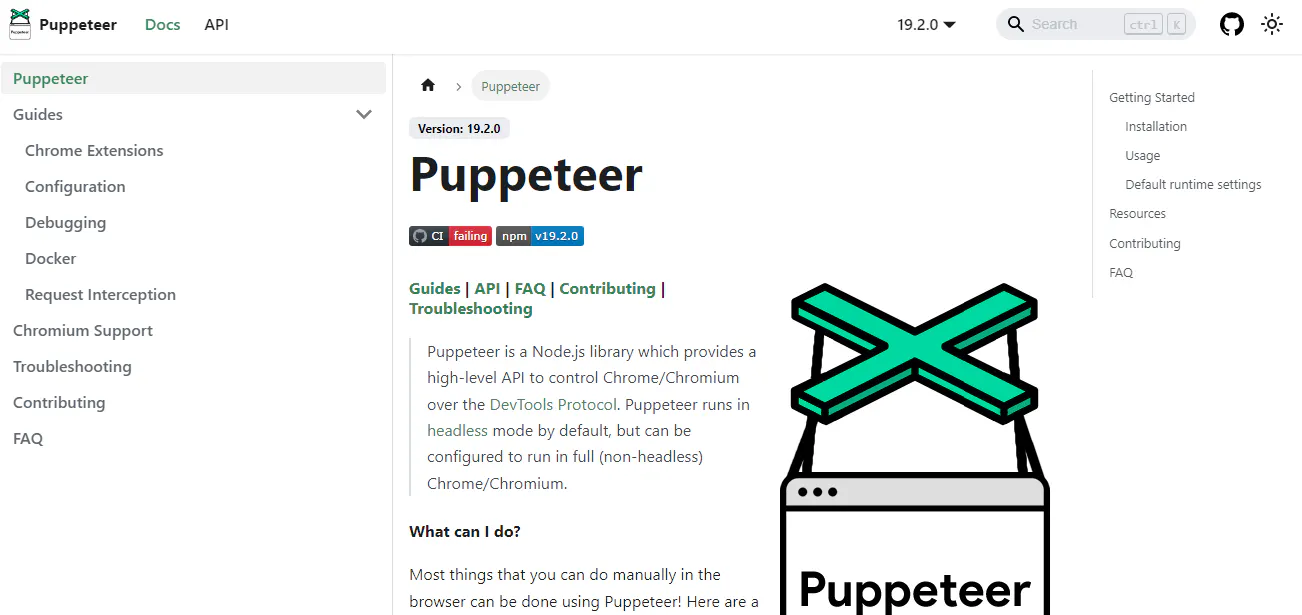 Puppeteer documentation page describing the Node.js library for controlling Chrome or Chromium